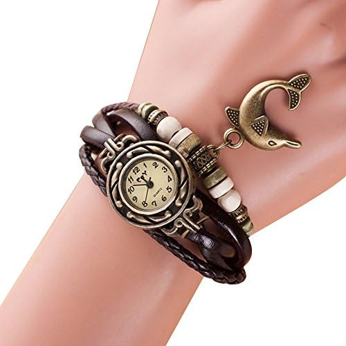Women Watches - TOOGOO(R)Women Vintage Weave Leather Watches Lady Dolphin Quartz Bracelet Wrist Watch(color£ºcoffee£©