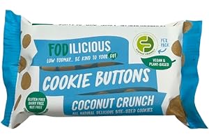 Fodilicious Cookie Buttons Coconut Crunch Vegan Cookies, Low FODMAP, Free from The Top 14 Allergens, Gluten Free, Dairy Free, Nut Free, Refined Sugar Free, Low Calorie Snacks (30g x 12 Packs)