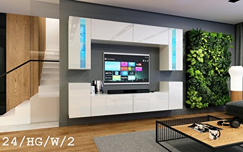 HomeDirectLTD Wohnwand Future 24 Moderne Wohnwand, Exklusive Mediamöbel, TV-Schrank, Neue Garnitur, Große Farbauswahl (RGB LED-Beleuchtung Verfügbar) (LED 16-Farbig mit Fernbedienung, Weiß Hochglanz)