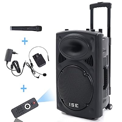 Novonova ISE Enceinte sono portable 15"/38cm 900W à LED RVB 15 VHF - Haut parleur avec micro sans fil et micro fil et lecteur MP3 (USB SD, chassis ABS, batterie longue durée) SY-14010