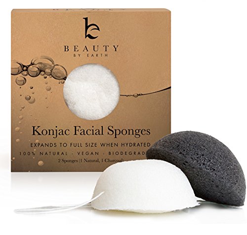 Konjac Facial Sponge - Pack Of 2 Sponges (Charcoal Black & Natural White) For Sensitive To Oily Skin