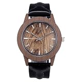Souarts Damenuhr Analog Quarz Armbanduhr Einfach Mode Holz Material Zifferblatt und Leder Armband