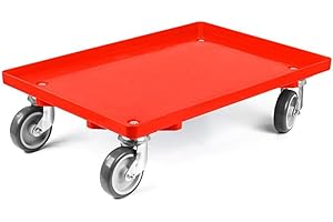 ‎PROREGAL Transportroller für Euroboxen 60x40cm mit Gummiräder rot | Geschlossenes Deck | 2 Lenkrollen & 2 Bockrollen | Traglast 300kg | Kistenroller Logistikroller Rollwagen Profi-Fahrgestell
