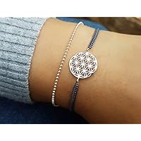 Set Makramee-Armband Lebensblume mit Kugelkette 925 Silber Freundschaftsarmband Geschenk Mutter Tochter Geschenkidee