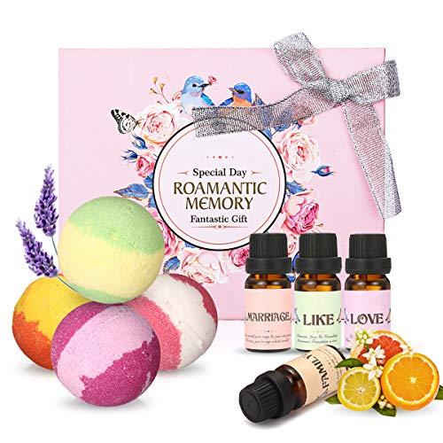 Oli essenziali naturali e bombe da bagno, Luckyfine 4 palle effervescenti da 4 pezzi e 4 oli profumati per aromaterapia, confezione regalo perfetta per il giorno di Natale
