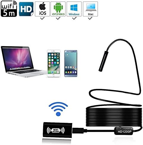 Wireless Endoscope IP68 WiFi Inspection Camera 1200P 5m Waterproof 2.0 Megapixels HD1200P Snake Camera with 8 Leds for Android IOS Smartphone iPhone Samsung Tablet
