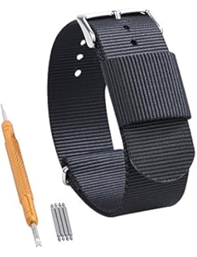 Randon Premium-Uhrenarmband, Nylon, Edelstahl-Schnalle, Wahl der Farbe & Breite (20mm, 22mm, 24mm), schwarz