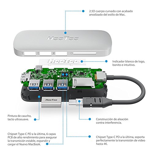 Ofertas para HooToo HUB USB C Macbook Alimentado USB C, USB 3.1, HDMI
4K Ultra HD, Lector de Tarjeta SD, 3 Puertos USB, Adaptador Multipuerto
para 2016 Mac/Mac Pro/Chromebox Pixel [Certificado MFI] Color Gris En
línea