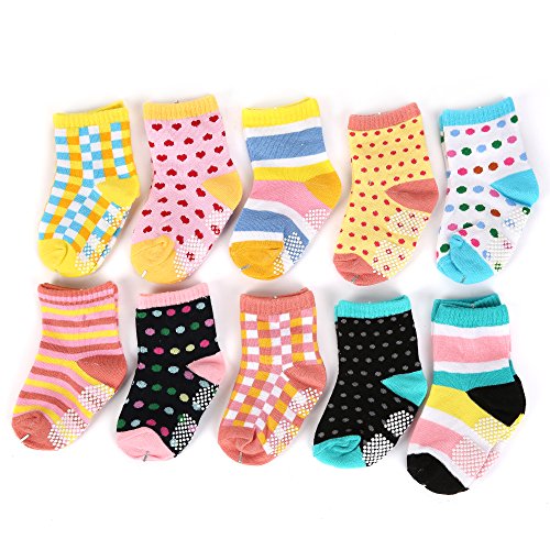 Dimore Cotton Non-skid Baby Socks - High Quality Baby Socks Gift Set - 10 -Pack Bright Colored Socks - Kid Socks - Newborn Footie(2 Styles) (wave point)