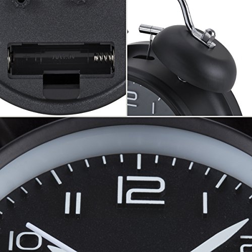 AKUNSZ Doppelglockenwecker Retro Glockenwecker mit Nachtlicht, lauter Alarm, ohne Ticken geräuschlos 4 Zoll Alarm Wecker mit großes Zifferblatt, Schwarz - 5