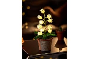 CHARYSIM Lot de 10 fleurs artificielles au crochet avec veilleuses - Muguet - Pots inclus - Pour cadeau, anniversaire, Saint-Valentin, décoration de bureau et maison (lampe chaude)