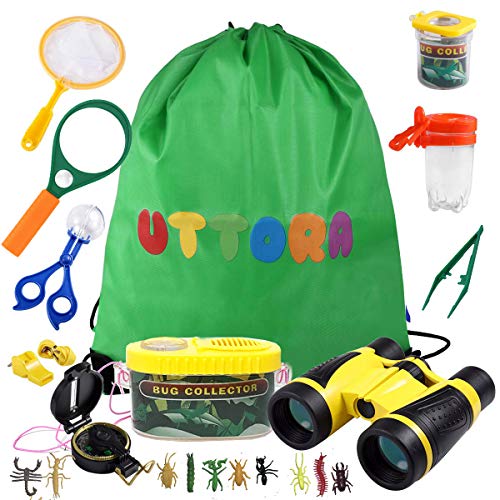Kit de Exploración para Niños 17 en 1, Juego de Explorador para Niños para Niños UTTORA Prismáticos/Binoculares, Silbato, Brújula, Lupa, 6 Arañas Plasticas, Regalo para Navidad, los Reyes