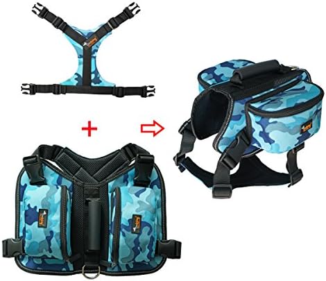 Ondoing Dog Backpack Adjustable Dog Saddlebag Reflective Dog Harness Leash Set for Medium and Large Dogs Outdoor Traveling Hiking Camping Training (L-neck: 60-80cm, chest: 88-100cm, Camo Blue)