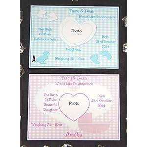 25, 32, 40 oder 50 x Personalisierte Geburt von Baby- oder Baby-Mitteilungs-Karten (Entwurf A & B) mit Fotografie u. Freien Umschlägen