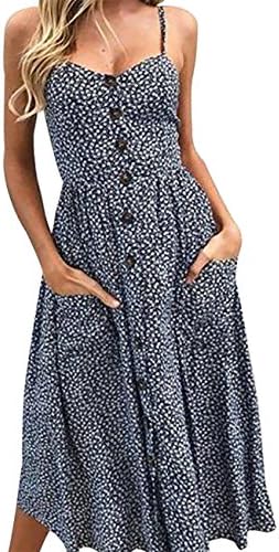 Women's Summer Floral Bohemian Sleeveless Strap Button Down Swing Midi Dress with Pockets