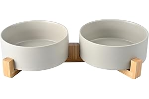 SPUNKYJUNKY Cuenco Doble de cerámica para Perros con Soporte de bambú para Perros Grandes (1800 ml, Gris x 2)