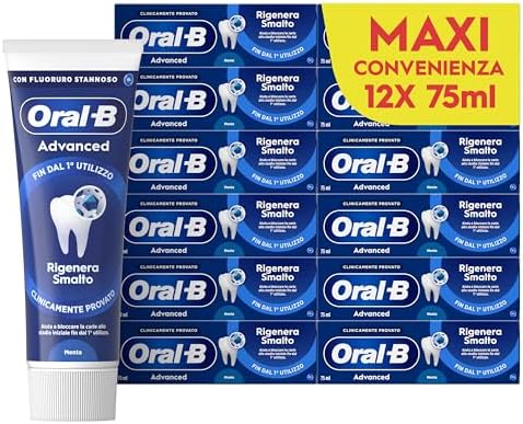 Oral-B Dentifricio Advanced Rigenera Smalto 12x75ml, Dentifricio Formato Convenienza, Clinicamente Provato, Pulizia Denti Efficace, Alito Fresco, Extra Freschezza Sapore Eucalipto