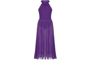 FEESHOW Girls Mock-neck Lyrical Ballet Dance Gymnastics Leotard Long Mesh Overlay Skirt for Praise Lyrical Dance Dress