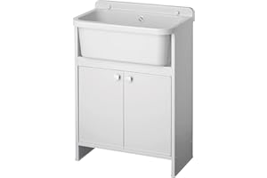 Negrari Lavatoio Salvaspazio in Resina, Vasca resistente agli acidi, Resistente all'umidità, Kit di scarico incluso, Interno e Esterno, L55 x P35 x H80 cm, Bianco