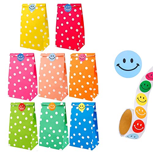 REAMOUS 40 Pcs de Papel Bolsas de Regalo patrón de Puntos de Fiesta con 50 Pcs Pegatina Cara Sonriente para Niños Suministros Fiesta de Cumpleaños Pascua Boda, 8 Colores, Papel Kraft Multicolor