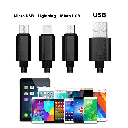 USB Kabel, 3 in 1 Lightning & Micro USB Nylon geflochtenes Ladekabel mit 8 Pin Lightning / Micro USB 2.0 Anschlüsse für iPhone 6 / 6S plus / 5 / SE, iPad Air / mini, Android-Geräte(2 Micro&1 Lightning – Schwarz) - 2