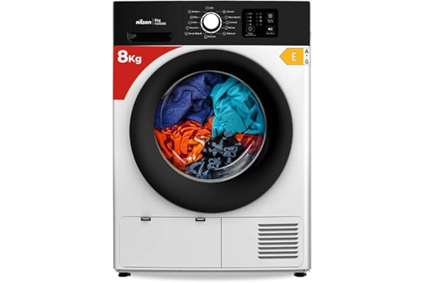 Nilson Secadora Bomba Calor 8Kg, Carga Frontal, Blanco, NSB800E. Motor Universal, 12 Programas, Función Antiarrugas, Tambor Galvanizado, Control Electrónico, Eficiencia Energética Clase E