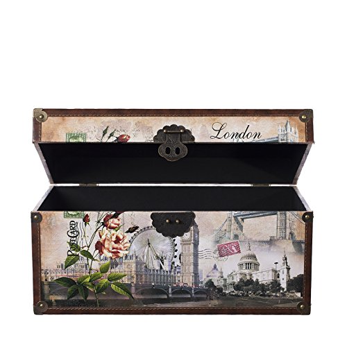 Truhe Kiste SJ08551 New York, Paris, Italien, London, Weltreise USA, Holztruhe mit Canvas bezogen im Vintage Look, Schatzkiste,Kiste, Piratenkiste, Kleinmöbel, Mit Metallbeschlägen, Antikoptik, Holz, verschieden Größen, Maritim, Deko, Hochwertig, Kolonialtruhe, Kolonialstil, Holzbox, Truhe mit Ornamenten . (Größe L 49cm x 28cm x 25cm London)