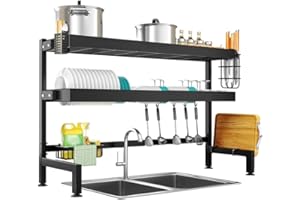 NETEL Escurreplatos sobre Fregadero, Escurridor de Platos, Organizador Cocina, Estante de Secado de Platos de Acero Inoxidable de 3 Niveles, con Soporte para Utensilios, Longitud 105cm, Negro