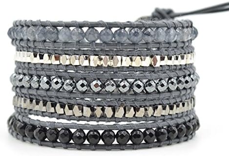 Beaded Wrap bracelet By Rivertree Handmade with Mixed Gray &amp; Balck Agate &amp; Silver Nuggets on Leather Rope Multilayer