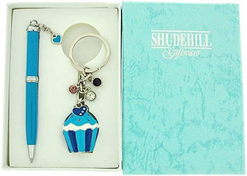 SHJ Ladies Aqua Blue Pen With Charm & Matching Cupcake Keyring Gift Set SC795