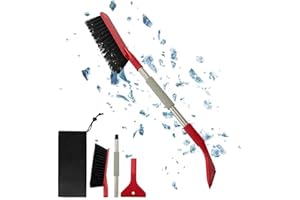 DU Life Red car ice scraper with Broom 61CM/24IN Long Extendable Snow Brush Removable Ice Scraper with Foam Handle & Rotating Brush Head for Car Truck SUV etc.