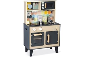 Janod - Grande Cuisine Mozaïc - Cuisinière en Bois pour Enfant - Équipée Sonore et Lumineuse - Cuisine en Bois Avec 3 Accessoires + 3 Boîtes d'Aliments en Carton - De 3 à 8 Ans, J06609