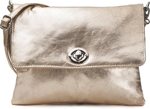 CNTMP stylish women's cross body shoulder bag in metallic leather. Colour: pale Colour: gold. 25x19x2cm.