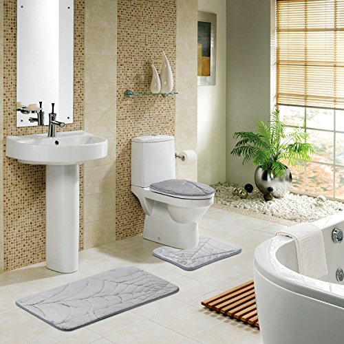 Diossad 3 Teilig Badematte Set Grau Mikrofaserflanell Badezimmer Teppich Rutschfest Badvorleger WC Vorleger Toilettensitzabdeckung - 2