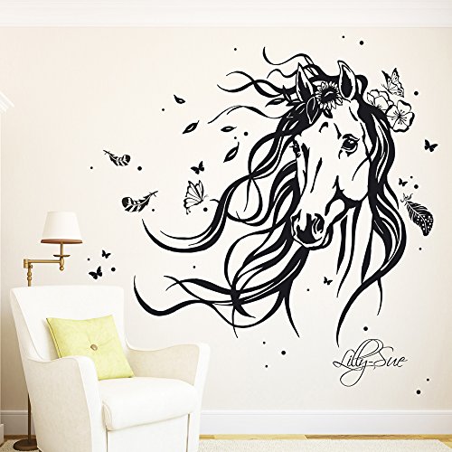 ilka parey wandtattoo-welt® Wandtattoo Pferd Wildpferd mit Blumen Federn Schmetterlingen und Wunschnamen M1874 ausgewählte Farbe: *türkis* ausgewählte Größe: *M – 80cm breit x 68cm hoch* - 6