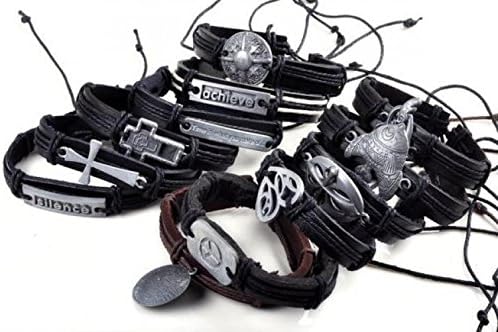 Eco Leather Unisex Bracelet with Different Charms Look metallaro Metal Shield with Crosses