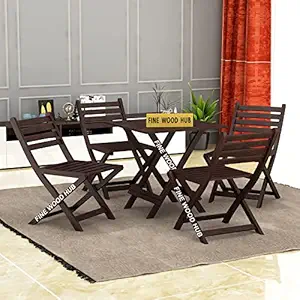 Fine Wood Hub Solid Sheesham Wood Foldable Patio Dining Set for Balcony Garden Outdoor | Folding Table & Chair | Square Table & 4 Chairs | 4 Seater Dining Table Set (Large, Walnut Finish)