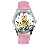 Taport® Quarz-Armbanduhr, Motiv: Minions, mit pinkfarbenem Lederarmband, inklusive Ersatzbatterie und Geschenkbeutel