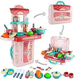 Bluebell Kitchen Set 4 in 1 Portable Cooking Kitchen Set for Kids Girls with 30 Accessories Realistic Food Toys for Girls Age 5 6 7 8 9 10