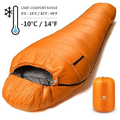 Bessport Sac de Couchage Duvet, Température Extrême -10 Degré Sac Couchage Sarcophage Grand Froid pour 3-4 Saison Camping Outdoor, Duvet Adulte Ultra-Léger et Ultra-Compact (Orange)