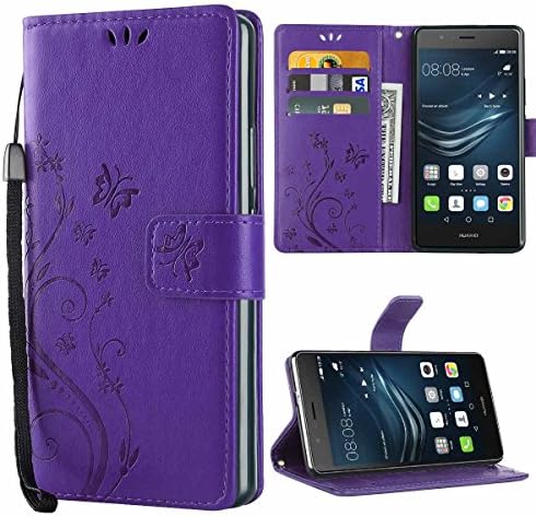 Huawei P9 Lite Case,iDoer P9 Lite Leather Butterfly Pattern Folio Flip Wallet Cover and PU Case with Stand Lanyard Card Holders Slots Magnetic Closure Protective Case for Huawei P9 Lite - Purple