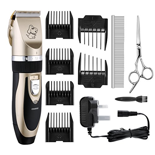 Preisvergleich Produktbild Fellpflege Nagelknipser, topelek 6 Kammaufsätzen Wiederaufladbare schnurlose Pet Haar Rasierer mit Low Noise Low Vibration, Elektronische Felltrimmer Pflege Trimmer Kit Set mit Edelstahl Kamm und Schere und Reinigungsbürste für Haustier Hunde und Katzen