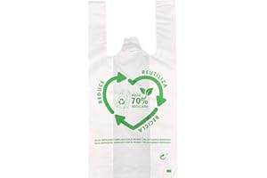 GREATOYAR GRETOYAR Bolsas de Plástico Blanco, Bolsa Tipo Camiseta, Bolsas Camiseta Reutilizables y Seguro para Alimento, Alta Resistencia, con Asas, 70% Material Reciclado, 60x70cm, 50 Unidades