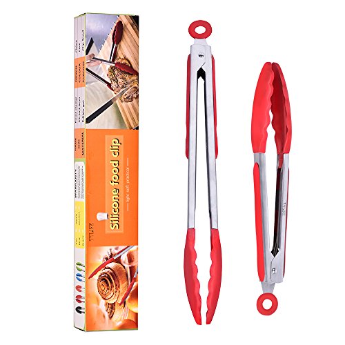 TTLIFE 2PCS Silikon Grillzange Küchenhelfer Mehrzweck Edelstahl Küchenzange Bratenzange BBQ Brot Tongs perfekt für Küchen Restaurant Camping9’+12’(Rot)
