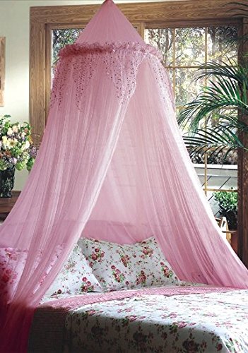 Mosquito Nets 4 U Bed Canopy with Silver Sequined Valance, Pink