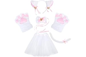 KEESIN Zestaw cosplay z kotem, dla dziewcząt, dorosłych, dzieci, pluszowe rękawiczki, kotek, uszy, ogon, ze spódnicą tutu, na uroczy kostium imprezowy, 5 szt