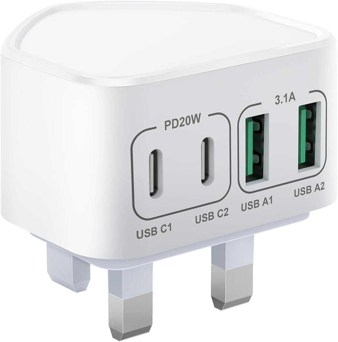 40W USB C Plug Fast Charge, UK 4-Port Multi USB Charger Plug Fast Charging Head for iPhone 16 15 14 13 12 11 Pro Max SE XS XR Plus, iPad, Samsung Galaxy,Dual Port USBC Power Adaptor Type C Wall Head