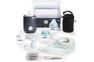 Tommee Tippee Complete Feeding Set, Electric Steam Steriliser with Insulated Bottle Bag, Newborn Self-Sterilising Baby Bottles and Easiwarm Bottle Warmer, Black