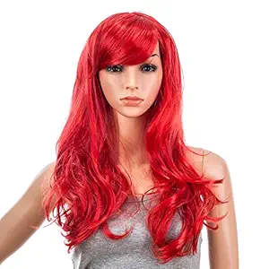 Red: Swacc 26-Inch Long Curly Wave Cosplay Synthetic Wig Colored Hair Piece For Women With Wig Cap (Red)
