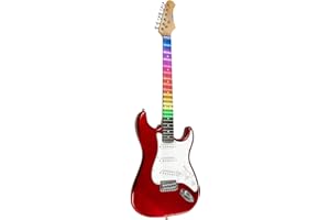 EKO Guitars – S-300 Chrome Red Visual Note, E-Gitarre "Visual Note", Pappel-Körper, Ahorngriff, Harz-Tastatur, Visual Note-Folie, die mit der App verbunden ist, Farbe Chrome Red